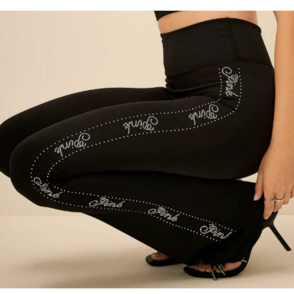 PINK Victoria's Secret Pants - VICTORIA'S SECRET PINK RELAY LOGO SHINE FLARE LEGGINGS Medium SHORT BLACK- Bling